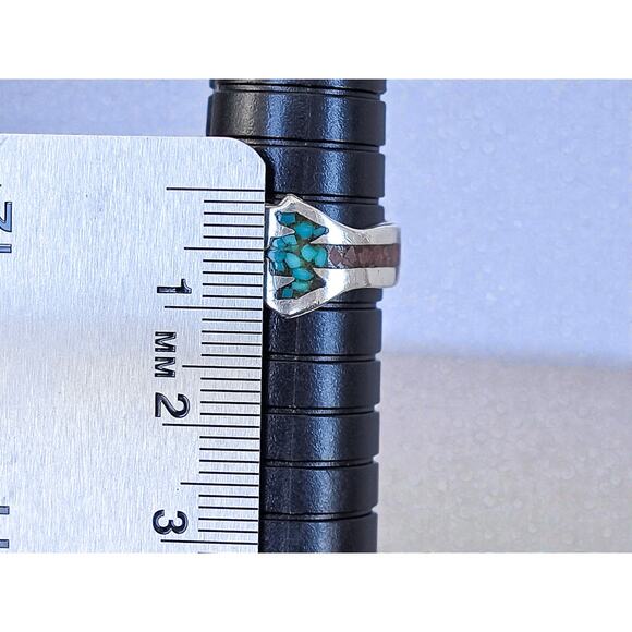 Vintage Native American 925 Silver Ring Turquoise Coral Inlay Southwestern - Picture 4 of 8